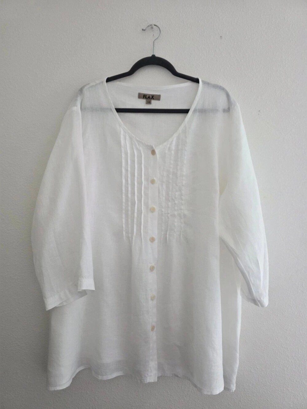 FLAX 100% Linen Button Front Blouse In White Round Neck 19" Sleeve Tunic Sz 1G